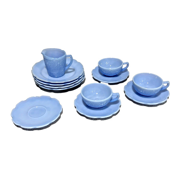 Delphite Blue Jeannette Child's Tea Set Cups Saucers Creamer Plates Lot 12 PCS - Picture 2 of 15